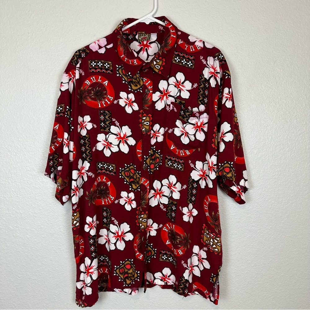 Bula Hawaiian Floral Red Hibiscus Casual Short Sleeve Button Down Shirt